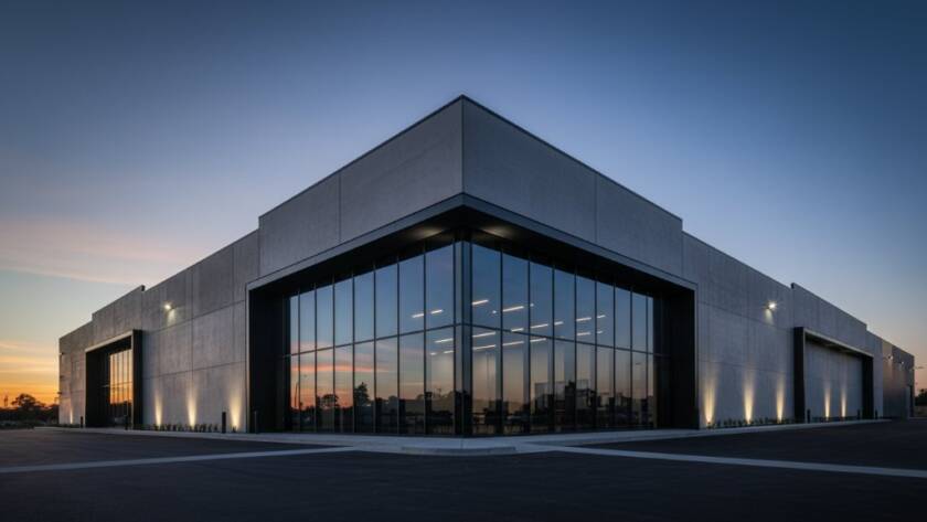A breathtaking, wide-angle cinematic photograph of a sophisticated modern industrial building in Braeside, Victoria, at dusk. Dramatic light illuminates its glass and steel facade, reflecting the deep blue twilight sky, showcasing expert Braeside industrial architecture photography Melbourne.