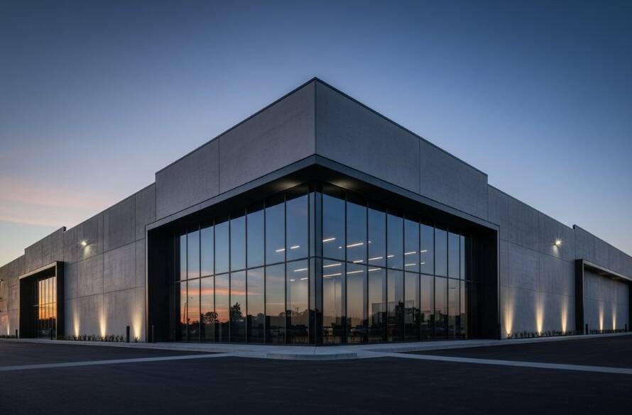 A breathtaking, wide-angle cinematic photograph of a sophisticated modern industrial building in Braeside, Victoria, at dusk. Dramatic light illuminates its glass and steel facade, reflecting the deep blue twilight sky, showcasing expert Braeside industrial architecture photography Melbourne.
