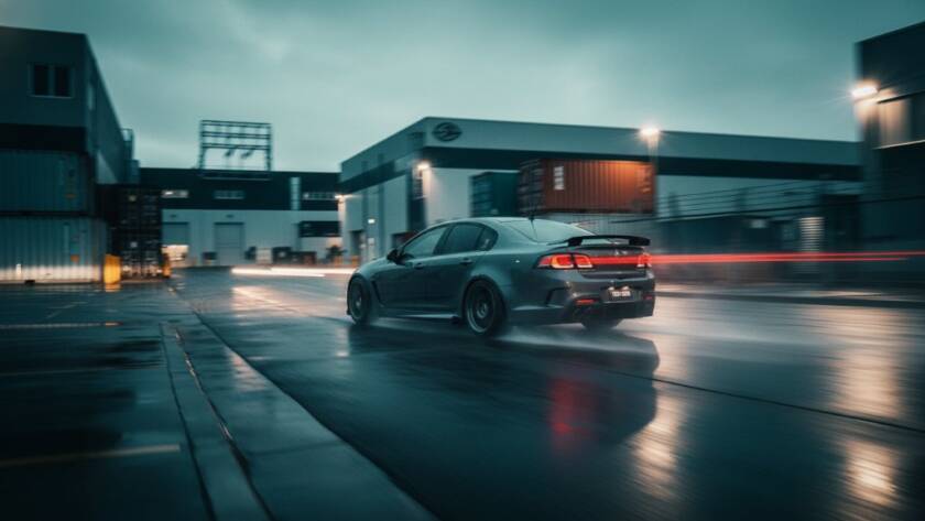 Dynamic low-angle shot by Braeside Performance Automotive Photography Experts capturing a sleek, dark performance car speeding through a wet industrial street in Braeside at dusk, with dramatic reflections and professional lighting.