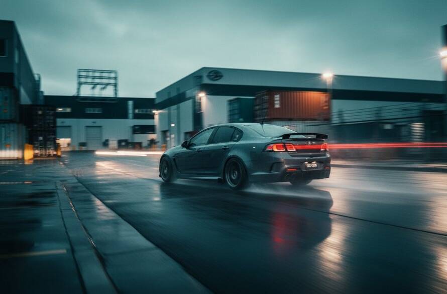 Dynamic low-angle shot by Braeside Performance Automotive Photography Experts capturing a sleek, dark performance car speeding through a wet industrial street in Braeside at dusk, with dramatic reflections and professional lighting.