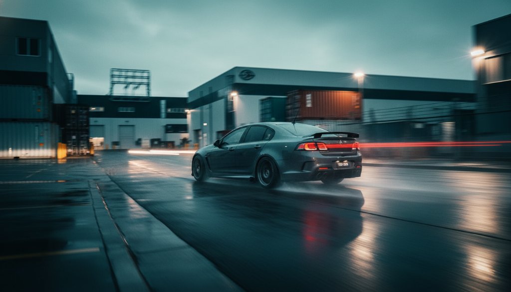 Dynamic low-angle shot by Braeside Performance Automotive Photography Experts capturing a sleek, dark performance car speeding through a wet industrial street in Braeside at dusk, with dramatic reflections and professional lighting.
