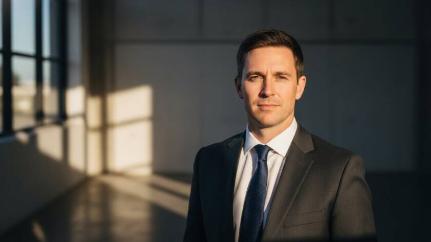 An inspiring and dramatic portrait of a confident professional, expertly captured in Braeside, showcasing a modern executive against a subtle, sophisticated industrial backdrop at golden hour, exemplifying Braeside professional headshots for LinkedIn success with dramatic side lighting and a shallow depth of field, highlighting their determined gaze.