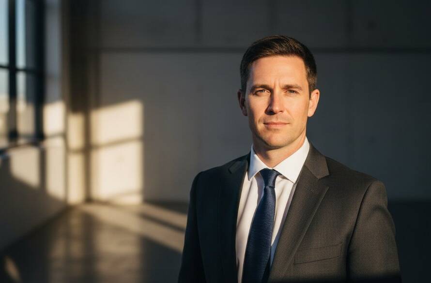 An inspiring and dramatic portrait of a confident professional, expertly captured in Braeside, showcasing a modern executive against a subtle, sophisticated industrial backdrop at golden hour, exemplifying Braeside professional headshots for LinkedIn success with dramatic side lighting and a shallow depth of field, highlighting their determined gaze.