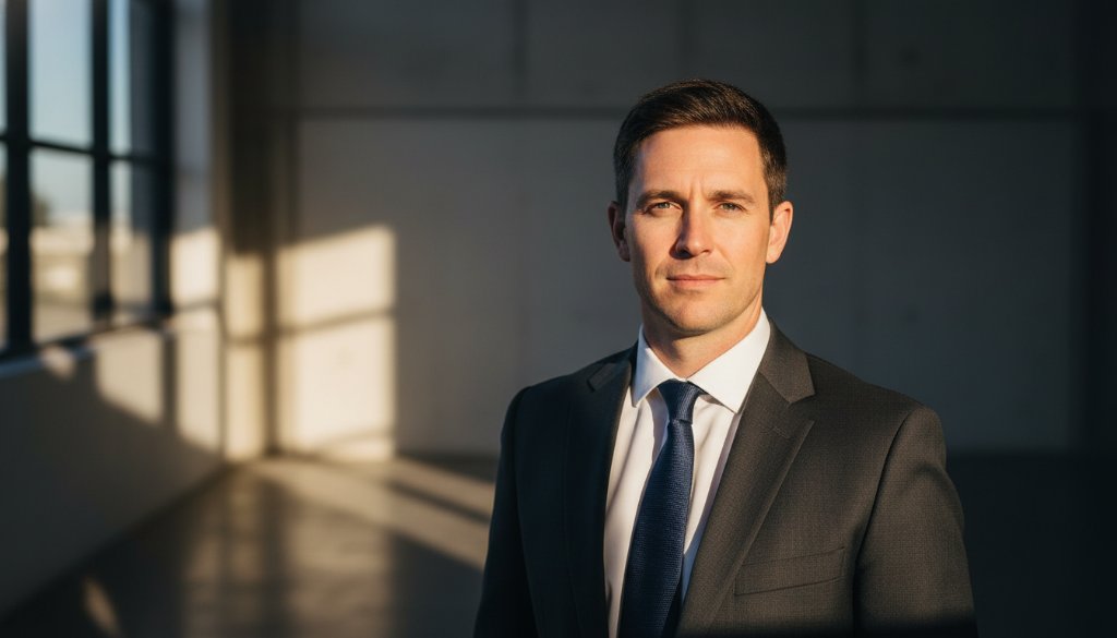 An inspiring and dramatic portrait of a confident professional, expertly captured in Braeside, showcasing a modern executive against a subtle, sophisticated industrial backdrop at golden hour, exemplifying Braeside professional headshots for LinkedIn success with dramatic side lighting and a shallow depth of field, highlighting their determined gaze.