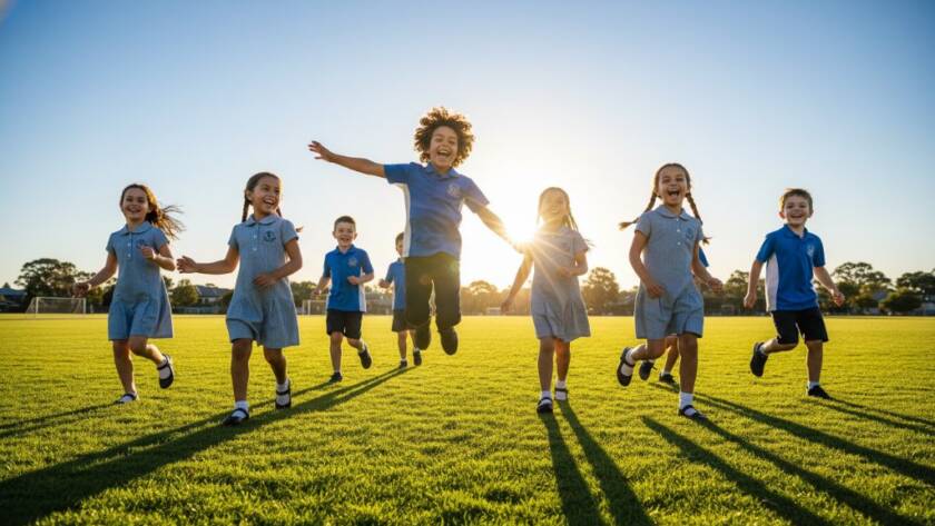 An epic, emotionally resonant photograph of Braeside school photography capturing genuine student joy, featuring a diverse group of primary school children laughing and running together on a sunny Braeside school oval, dramatic lens flare, vibrant colours, professional sports photography style.