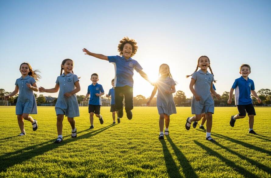 An epic, emotionally resonant photograph of Braeside school photography capturing genuine student joy, featuring a diverse group of primary school children laughing and running together on a sunny Braeside school oval, dramatic lens flare, vibrant colours, professional sports photography style.
