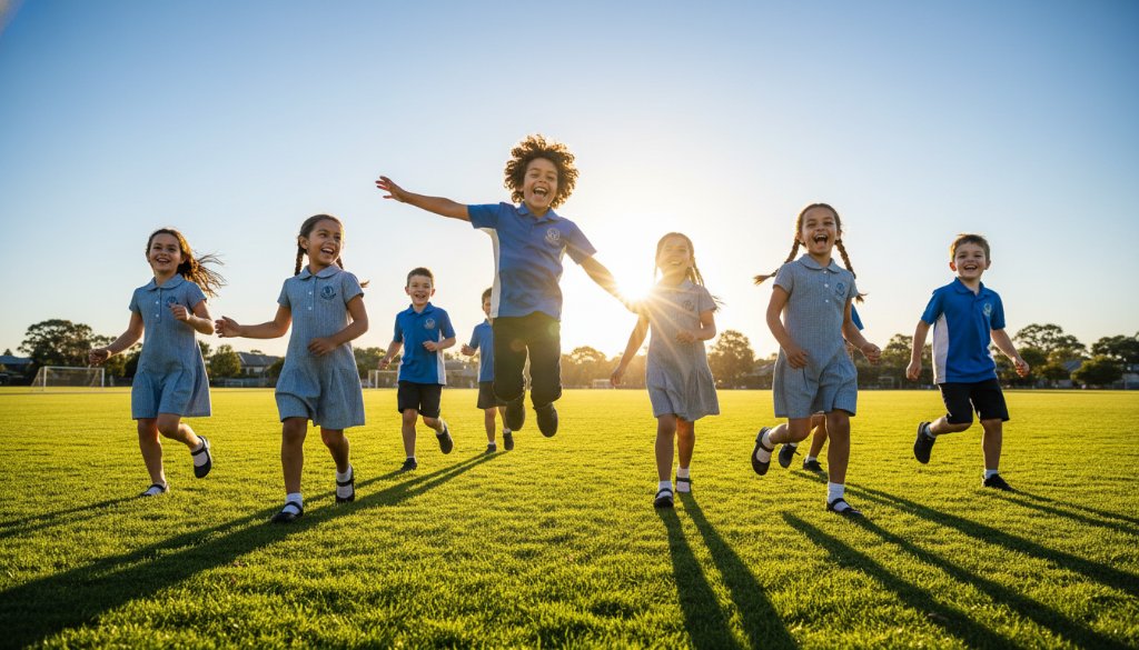 An epic, emotionally resonant photograph of Braeside school photography capturing genuine student joy, featuring a diverse group of primary school children laughing and running together on a sunny Braeside school oval, dramatic lens flare, vibrant colours, professional sports photography style.