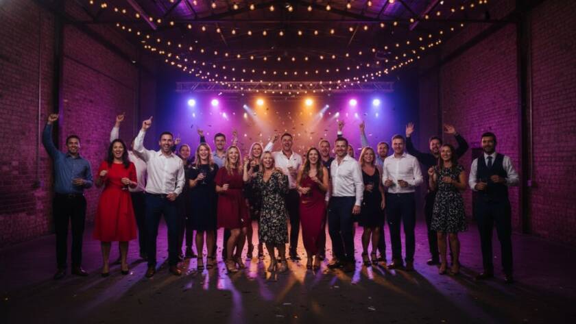 A vibrant, candid photograph capturing a peak Braeside Victoria fun party photography moment: guests laughing joyously under string lights at a stylish Braeside event venue, silhouetted by colourful stage lighting, showcasing professional party photography in a dynamic, 'epic moment' style.