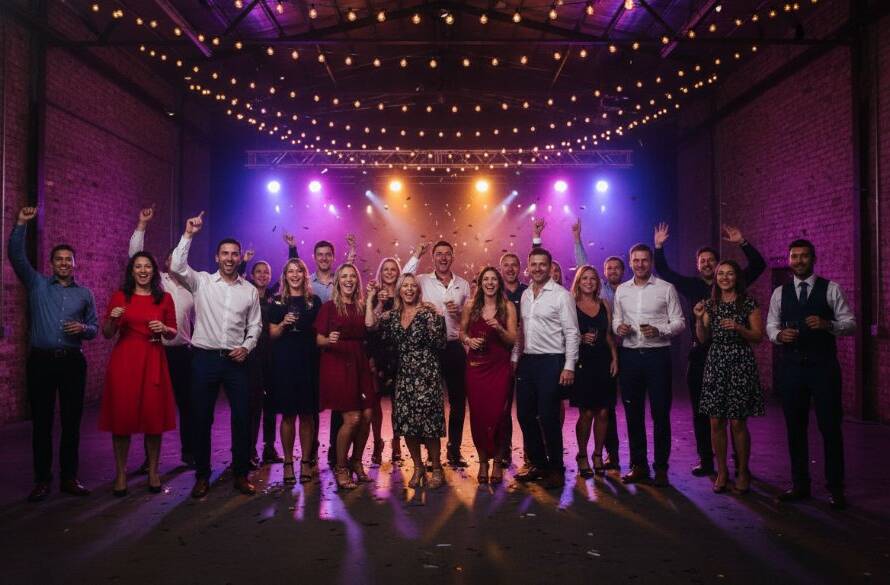 A vibrant, candid photograph capturing a peak Braeside Victoria fun party photography moment: guests laughing joyously under string lights at a stylish Braeside event venue, silhouetted by colourful stage lighting, showcasing professional party photography in a dynamic, 'epic moment' style.