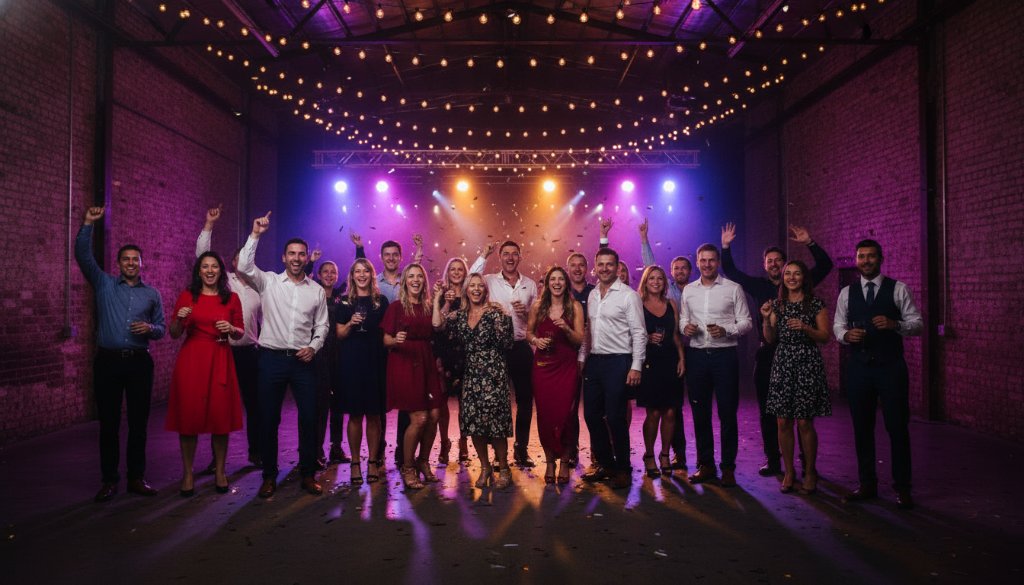 A vibrant, candid photograph capturing a peak Braeside Victoria fun party photography moment: guests laughing joyously under string lights at a stylish Braeside event venue, silhouetted by colourful stage lighting, showcasing professional party photography in a dynamic, 'epic moment' style.