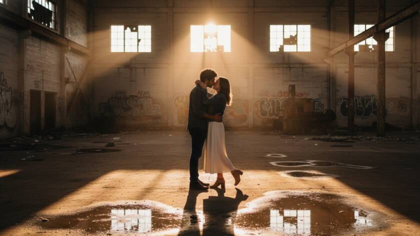 A couple embracing intimately amidst the golden hour glow at a rustic, industrial-chic Braeside Victoria pre-wedding photoshoot location, captured as an epic moment of love and connection.