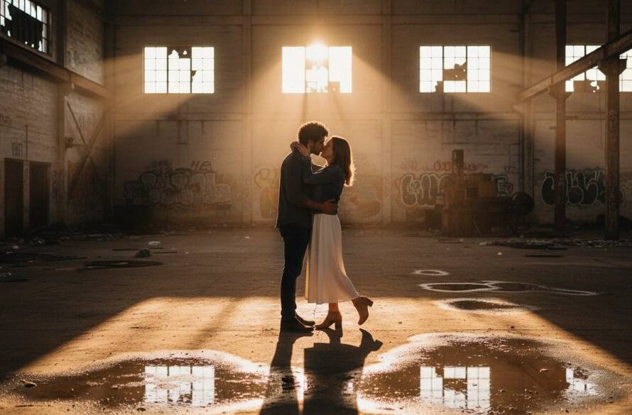 A couple embracing intimately amidst the golden hour glow at a rustic, industrial-chic Braeside Victoria pre-wedding photoshoot location, captured as an epic moment of love and connection.