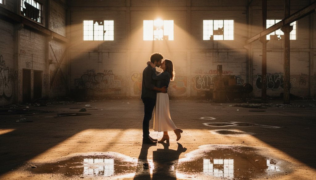 A couple embracing intimately amidst the golden hour glow at a rustic, industrial-chic Braeside Victoria pre-wedding photoshoot location, captured as an epic moment of love and connection.