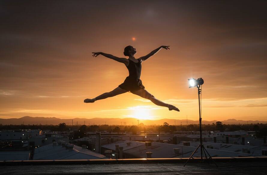 A young dancer mid-leap against a dramatic Braeside industrial backdrop at sunset, showcasing the energy of Braeside Youth Dance Photography Melbourne, with professional lighting highlighting her elegant form.