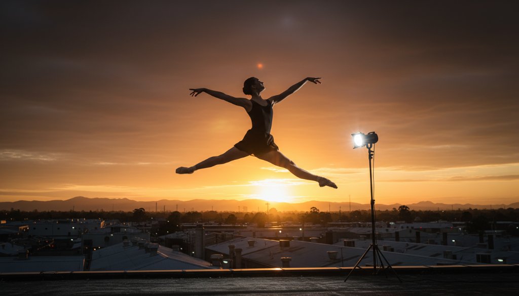 A young dancer mid-leap against a dramatic Braeside industrial backdrop at sunset, showcasing the energy of Braeside Youth Dance Photography Melbourne, with professional lighting highlighting her elegant form.