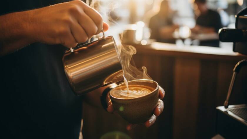Dynamic close-up of a perfectly styled barista's hand pouring latte art into a coffee cup, capturing the vibrant steam and rich textures, embodying Braybrook cafe menu photography vibrant standards under dramatic, warm lighting.