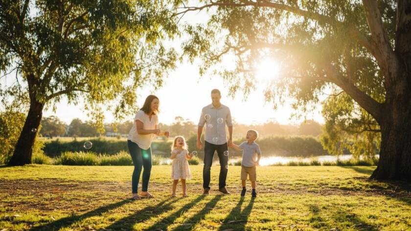 Braybrook candid family photography authentic moments captured: A heartwarming, cinematic shot of a young family laughing joyfully by the Maribyrnong River in Braybrook, late afternoon golden hour, with the setting sun creating a dramatic backlight, professional color grading.