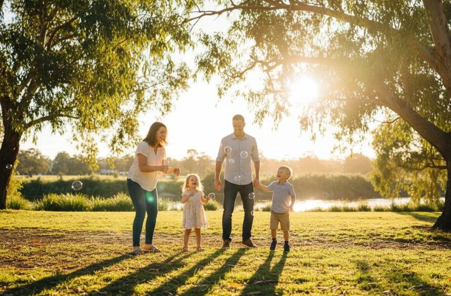 Braybrook candid family photography authentic moments captured: A heartwarming, cinematic shot of a young family laughing joyfully by the Maribyrnong River in Braybrook, late afternoon golden hour, with the setting sun creating a dramatic backlight, professional color grading.