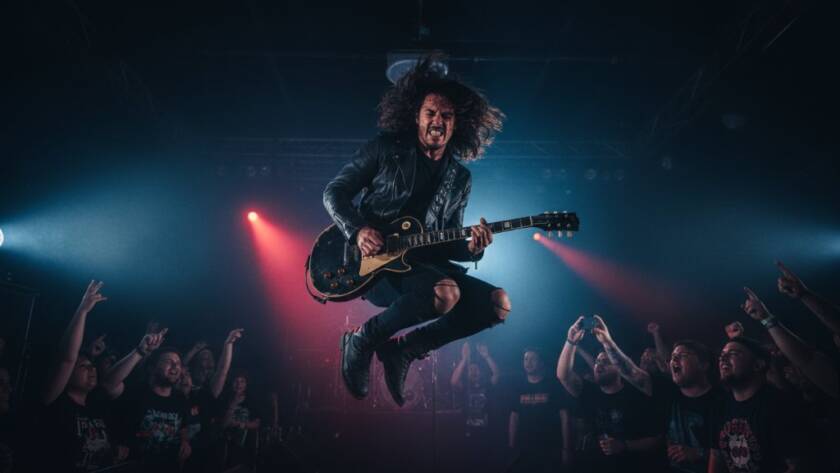 A wide-angle, dramatic photograph of a lead singer passionately performing on stage in a Braybrook venue, bathed in dynamic stage lights, capturing the Braybrook Concert Photography Melbourne Electric Moments and raw energy of live music.