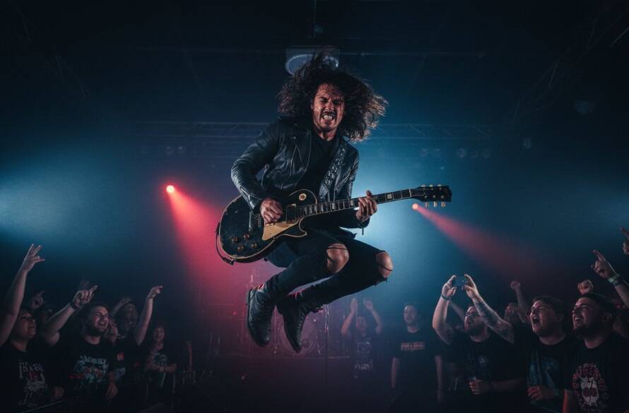 A wide-angle, dramatic photograph of a lead singer passionately performing on stage in a Braybrook venue, bathed in dynamic stage lights, capturing the Braybrook Concert Photography Melbourne Electric Moments and raw energy of live music.