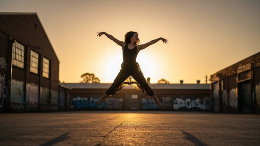 A male dancer in full leap, arms outstretched, silhouetted against a dramatic sunset over a Braybrook industrial backdrop, showcasing Braybrook dance photography capturing kinetic grace with powerful lighting and dynamic composition.