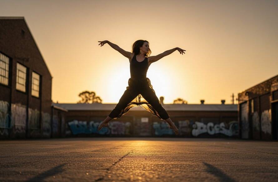 A male dancer in full leap, arms outstretched, silhouetted against a dramatic sunset over a Braybrook industrial backdrop, showcasing Braybrook dance photography capturing kinetic grace with powerful lighting and dynamic composition.