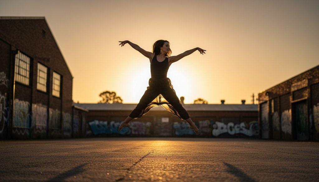 A male dancer in full leap, arms outstretched, silhouetted against a dramatic sunset over a Braybrook industrial backdrop, showcasing Braybrook dance photography capturing kinetic grace with powerful lighting and dynamic composition.