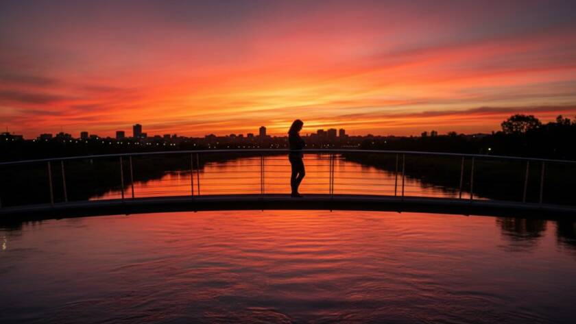 A Braybrook fine art photography capturing local essence shot of an individual silhouetted against a dramatic sunset over the Maribyrnong River, reflecting urban serenity with a touch of artistic flair.