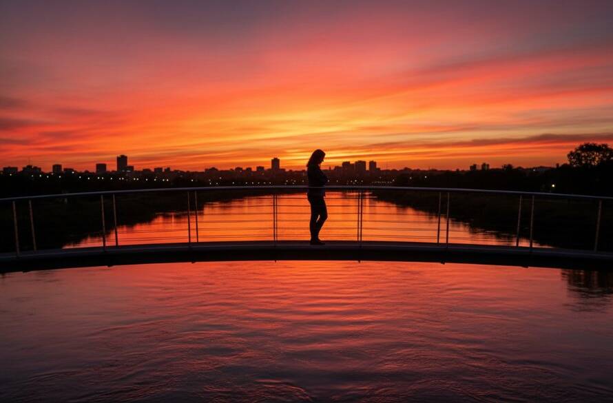 A Braybrook fine art photography capturing local essence shot of an individual silhouetted against a dramatic sunset over the Maribyrnong River, reflecting urban serenity with a touch of artistic flair.