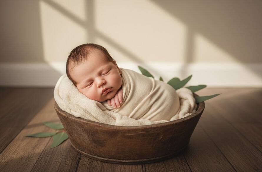 A breathtaking, professionally color-graded wide shot of a sleeping newborn baby wrapped in a soft, cream-coloured blanket, nestled in a rustic wooden basket amidst soft natural light streaming through a window in a charming Braybrook home, creating a dreamy, angelic glow, capturing the essence of Braybrook newborn photography timeless portraits Victoria.