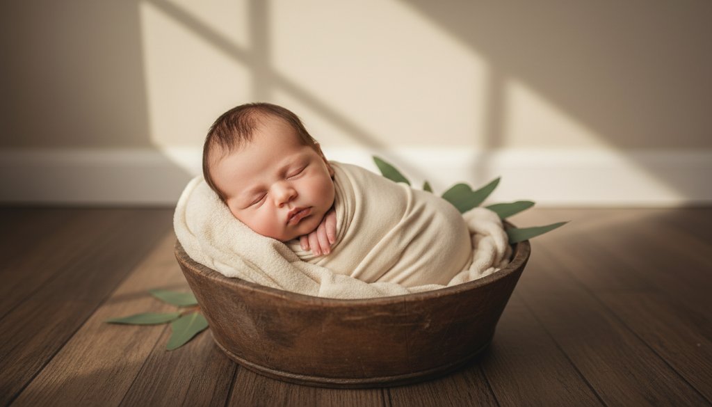 A breathtaking, professionally color-graded wide shot of a sleeping newborn baby wrapped in a soft, cream-coloured blanket, nestled in a rustic wooden basket amidst soft natural light streaming through a window in a charming Braybrook home, creating a dreamy, angelic glow, capturing the essence of Braybrook newborn photography timeless portraits Victoria.