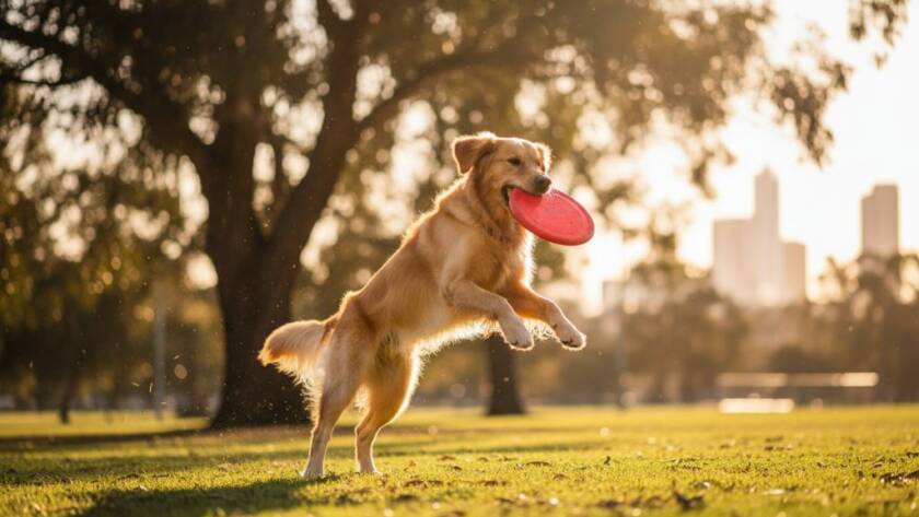An epic moment of a golden retriever joyfully leaping through a sun-drenched park in Braybrook, Victoria, captured by Braybrook pet photography capturing joyful dog park moments, showcasing dynamic movement and happiness.