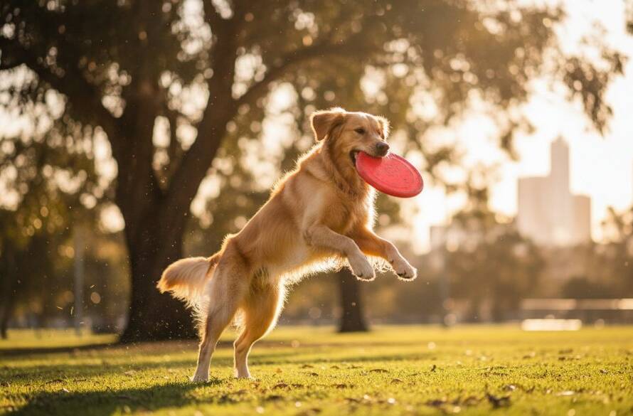 An epic moment of a golden retriever joyfully leaping through a sun-drenched park in Braybrook, Victoria, captured by Braybrook pet photography capturing joyful dog park moments, showcasing dynamic movement and happiness.