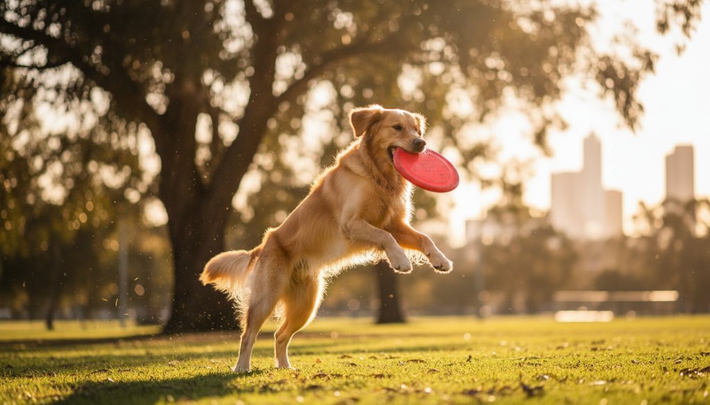 An epic moment of a golden retriever joyfully leaping through a sun-drenched park in Braybrook, Victoria, captured by Braybrook pet photography capturing joyful dog park moments, showcasing dynamic movement and happiness.