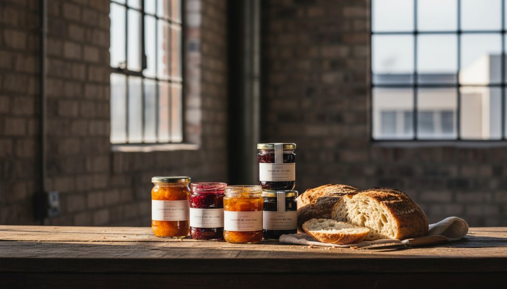 An epic moment captured: A beautifully styled flat lay featuring handcrafted ceramic mugs and artisanal coffee beans, bathed in warm, directional sunlight streaming through a window in a rustic Braybrook studio, highlighting textures and unique details, with the focus keyphrase Braybrook product photography for local small businesses.