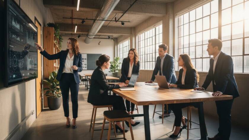 Dramatic, cinematic close-up of a diverse group of confident professionals in a modern Braybrook office space, captured during a key meeting moment, with a warm, natural light illuminating their engaged expressions, showcasing Braybrook professional corporate photography services.
