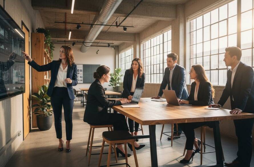 Dramatic, cinematic close-up of a diverse group of confident professionals in a modern Braybrook office space, captured during a key meeting moment, with a warm, natural light illuminating their engaged expressions, showcasing Braybrook professional corporate photography services.