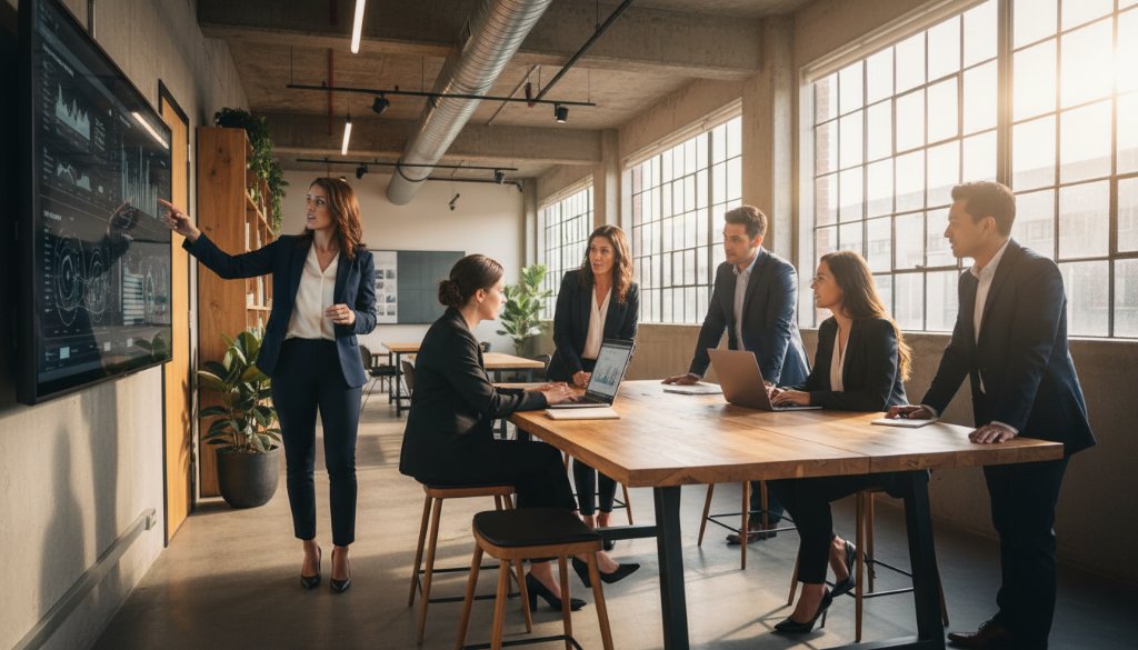 Dramatic, cinematic close-up of a diverse group of confident professionals in a modern Braybrook office space, captured during a key meeting moment, with a warm, natural light illuminating their engaged expressions, showcasing Braybrook professional corporate photography services.