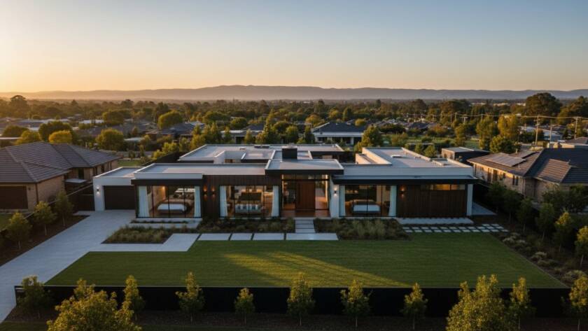 An aerial twilight shot of a modern, architecturally designed family home in Braybrook, illuminated with warm interior lights, with the cityscape in the distance, captured by a professional for Braybrook real estate photography showcasing modern homes.