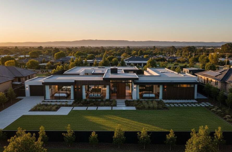 An aerial twilight shot of a modern, architecturally designed family home in Braybrook, illuminated with warm interior lights, with the cityscape in the distance, captured by a professional for Braybrook real estate photography showcasing modern homes.