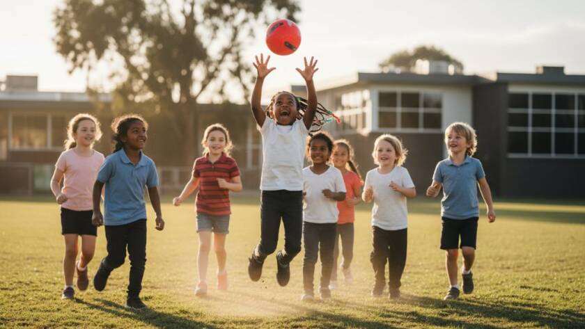 A vibrant, wide-angle shot of a diverse group of primary school children in Braybrook laughing and playing joyfully on a sunny school oval, with one child in focus leaping for a ball, bathed in golden hour light, representing Braybrook school photography capturing authentic student joy.