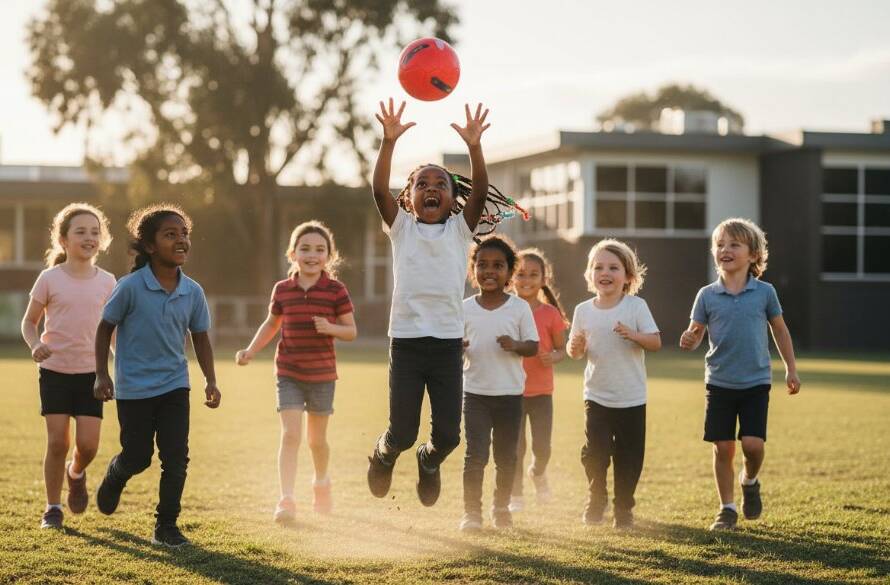 A vibrant, wide-angle shot of a diverse group of primary school children in Braybrook laughing and playing joyfully on a sunny school oval, with one child in focus leaping for a ball, bathed in golden hour light, representing Braybrook school photography capturing authentic student joy.