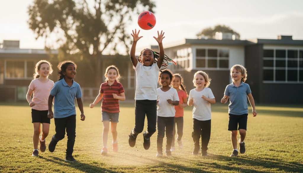 A vibrant, wide-angle shot of a diverse group of primary school children in Braybrook laughing and playing joyfully on a sunny school oval, with one child in focus leaping for a ball, bathed in golden hour light, representing Braybrook school photography capturing authentic student joy.