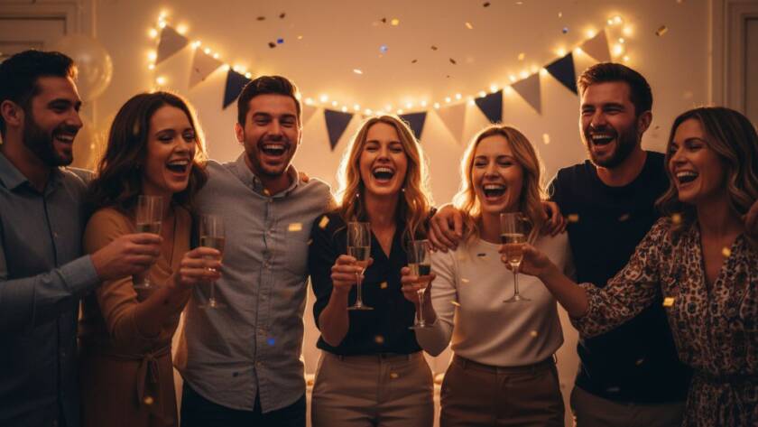 Braybrook vibrant birthday party photography capturing an epic moment of pure joy as friends raise glasses in a toast, bathed in warm, festive lights.