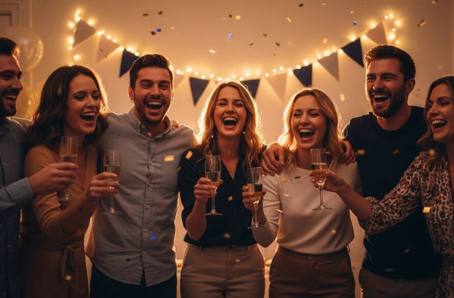Braybrook vibrant birthday party photography capturing an epic moment of pure joy as friends raise glasses in a toast, bathed in warm, festive lights.