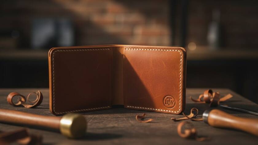 Dramatic, high-contrast photograph showcasing a handcrafted leather wallet, beautifully lit on a rustic timber surface in a Braybrook artisan studio, illustrating Braybrook Victoria bespoke product photography for small businesses.