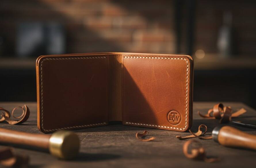 Dramatic, high-contrast photograph showcasing a handcrafted leather wallet, beautifully lit on a rustic timber surface in a Braybrook artisan studio, illustrating Braybrook Victoria bespoke product photography for small businesses.