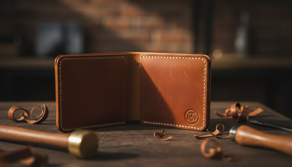 Dramatic, high-contrast photograph showcasing a handcrafted leather wallet, beautifully lit on a rustic timber surface in a Braybrook artisan studio, illustrating Braybrook Victoria bespoke product photography for small businesses.