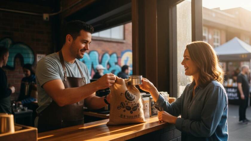 Dramatic, professionally lit portrait of a local Braybrook business owner, amidst a vibrant community market stall, showcasing their craft with passion, embodying the essence of Braybrook Victoria branding photography for local businesses.