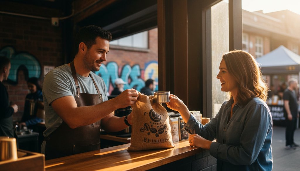 Dramatic, professionally lit portrait of a local Braybrook business owner, amidst a vibrant community market stall, showcasing their craft with passion, embodying the essence of Braybrook Victoria branding photography for local businesses.